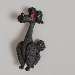 Vintage Black Rhinestone Classic Poodle Pin with Red Rhinestone Eye Manselle Dog